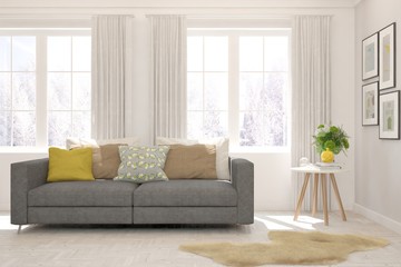 Stylish room in white color with sofa and winter landscape in window. Scandinavian interior design. 3D illustration