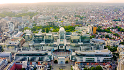 Brussels, Belgium. The complex of buildings of the European Parliament. State institution, Aerial...