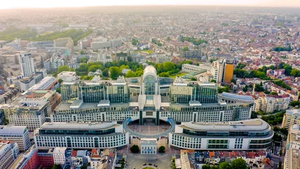 Zelfklevend Fotobehang Brussels, Belgium. The complex of buildings of the European Parliament. State institution, Aerial View © nikitamaykov