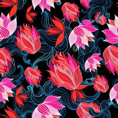 Seamless bright graphic pattern of red flowers and waves