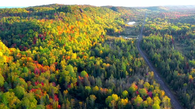Incomparable Autumn Scenery, Forests and Cliffs of Michigan's Upper Peninsula, Keweenaw Peninsula, Fall Colors, Aerial Drone View.