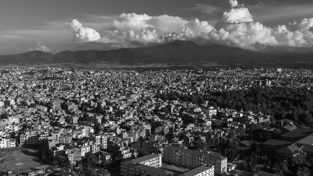 Kathmandu Cityscape, Aerial Time-lapse. Nepal Capital Timelapse at Sunrise. Sky and Skyline from Monkey Temple. black and white