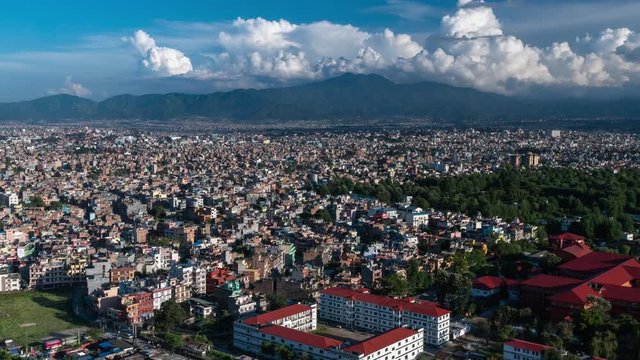 Kathmandu Cityscape, Aerial Time-lapse. Nepal Capital Timelapse at Sunrise. Colorful Sky and Skyline from Monkey Temple. panoramic