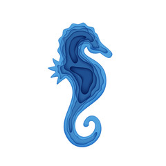 Silhouette of a sea horse cut out of paper. Papercut hippocampus 3d element marine. Craft underwater ocean cave in blue color. Vector sea-horse World Ocean Day June 8 poster concept.
