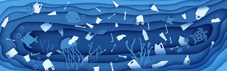 Ocean plastic pollution horizontal banner. Paper cut butterflyfish, jellyfish, moonfish, turtle around garbage. Paper vector panorama underwater cave with fishes coral reef seabed rubbish in waves
