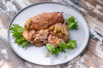 Grilled squid stuffed with vegetables. Recipes of Mediterranean cuisine. Ketogenic diet