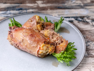 Close-up grilled squid stuffed with vegetables. Recipes of Mediterranean cuisine. Ketogenic diet
