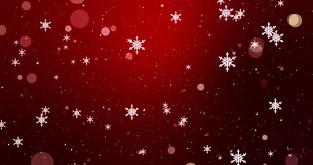 White winter confetti, snowflakes and bokeh lights on the red Christmas background. - 304312082