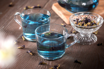 Organic butterfly pea blue tea in a cup