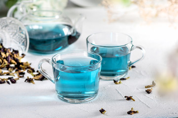 Organic butterfly pea blue tea in a cup