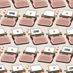 Seamless pattern with typewriters, sheets of paper, hearts, english text. Colorful hand drawn illustration. Design overlapping background vector. Decorative wallpaper, good for printing - 304313010
