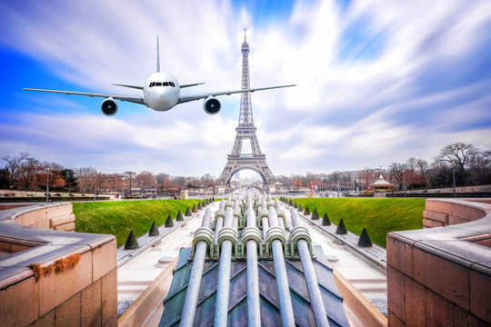 Front of real plane aircraft, on Eiffel Tower in Morning at Paris, France background