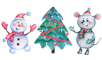 Watercolor illustration with snowman, mouse  and christmas tree.