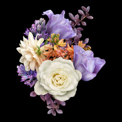 Floral arrangement, bouquet of garden flowers. Purple tulip, dahlia, hyacinth, white rose isolated...