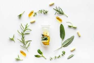 Herbal formulations for health care on white background top view pattern