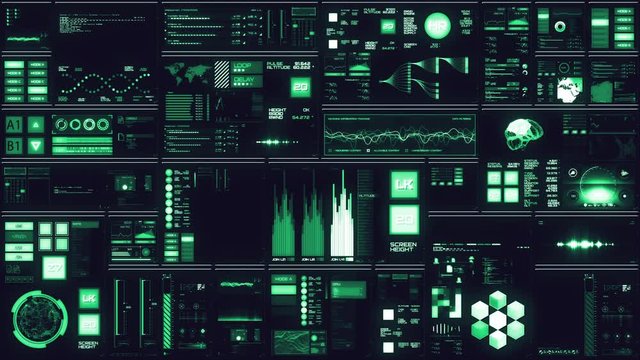 cold blue Futuristic interface/Digital screen.Detailed abstract background with blinking and switching indicators and statuses showing work of command center, processing big data, machine deep learnin