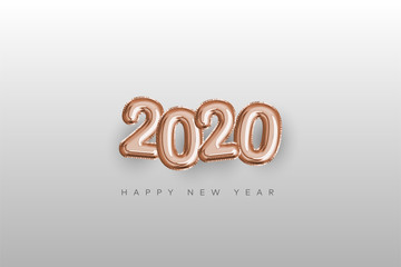 Happy New 2020 Year. Holiday Vector Illustration on Golden Metallic Brush. Realistic 3D Sign with Stars. Festive Poster or Banner Design