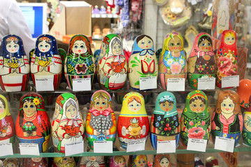 Russian nesting dolls in a shop window. Matryoshka dolls.