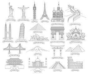 Travel doodle art drawing style vector illustrations. Famous landmarks in the world.