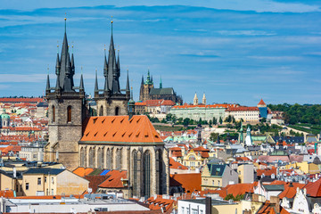 Fototapeta na wymiar View of the Church of Our Lady before Týn with a panorama of Prague