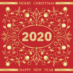 Christmas and New Year card with intricate golden patterns, satin ribbons and rats - a symbol of 2020 according to the Chinese horoscope