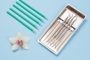 Set of metal dental instruments for teeth dental care