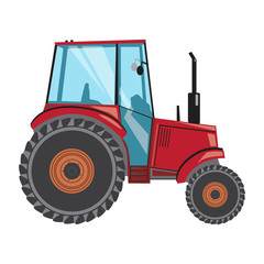 A red tractor with wheels, silencer and glass, a vector stock flat illustration for farm, construction or agriculture