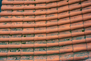 Red tile roof covered with mud and debris