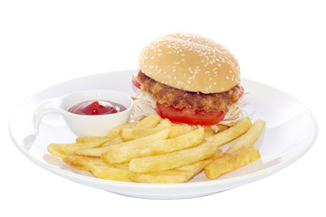 Asian style hamburger with fried potatoes on a plate. Isolated on a white background.