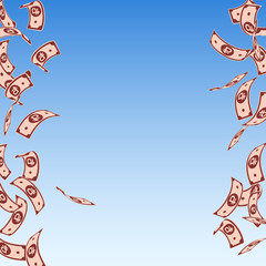 Russian ruble notes falling. Floating RUB bills on