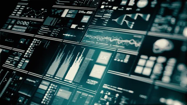 Perspective view of lowpower Futuristic interface/Digital screen.Detailed abstract background with blinking and switching indicators and statuses showing work of command center, processing big data, m