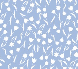 Monochrome seamless vector background with lots of little white flowers. Tulip silhouettes on blue pattern for fabric design, Wallpaper, wrap.