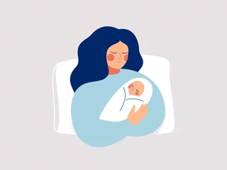 Fototapeten Happy new mother holds her infant baby in her arms. Vector illustration of motherhood and care about kids © Mary Long