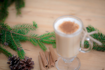 Chocolate Martini Cocktail or eggnog with cinnamon and chocolate in glass for Christmas on mahogany background. Homemade festive cocktail for winter holidays.Close up.