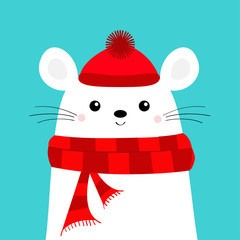 White mouse head face. Red hat, scarf. Happy New Year 2020 sign symbol. Merry Christmas. Cute funny cartoon kawaii baby character. Flat design. Blue winter background.