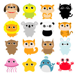 Dog Parrot Hamster Cat Lion Koala Panda Tiger Bear Fox Owl Rabbit Whale Jellyfish Crab Starfish icon set. Cute cartoon kawaii funny baby character. Flat design. Kids print. White background. Isolated.