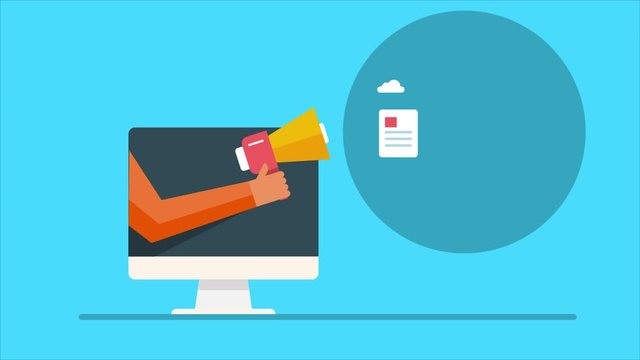 Content marketing, businessman promoting content online. 2d animation, video clip.