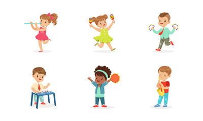 Little Kids Smiling and Playing Musical Instruments Vector Illustrations Set