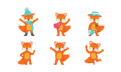 Fototapeta premium Cute Fox Cartoon Character Vector Set. Forest Creature Holding Heart