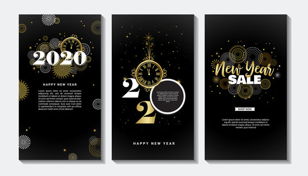 Happy New Year- 2020 . Collection of greeting background designs, New Year, social media promotional content. Vector illustration