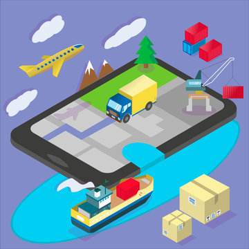 Delivery concept on purple background for presentation. Laptop tracking online cargo shipping, airplane, boat and car. Vector isometric illustration .