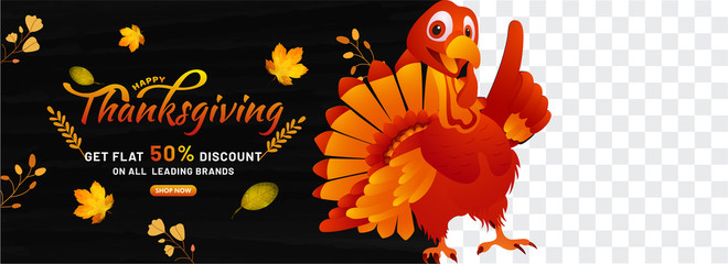 Thanksgiving banner,poster vector illustration of turkey birth with thanksgiving calligraphy text on 50% discount on all leading brands . Png background.