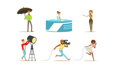 People Characters Shooting News and Journalists Doing Reportages Vector Set