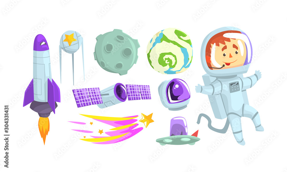 Poster space attributes and astronaut wearing spacesuit vector set
