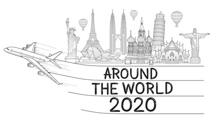 Around the world with airplane travel landmark. Travel 2020 doodle art drawing style vector illustrations.