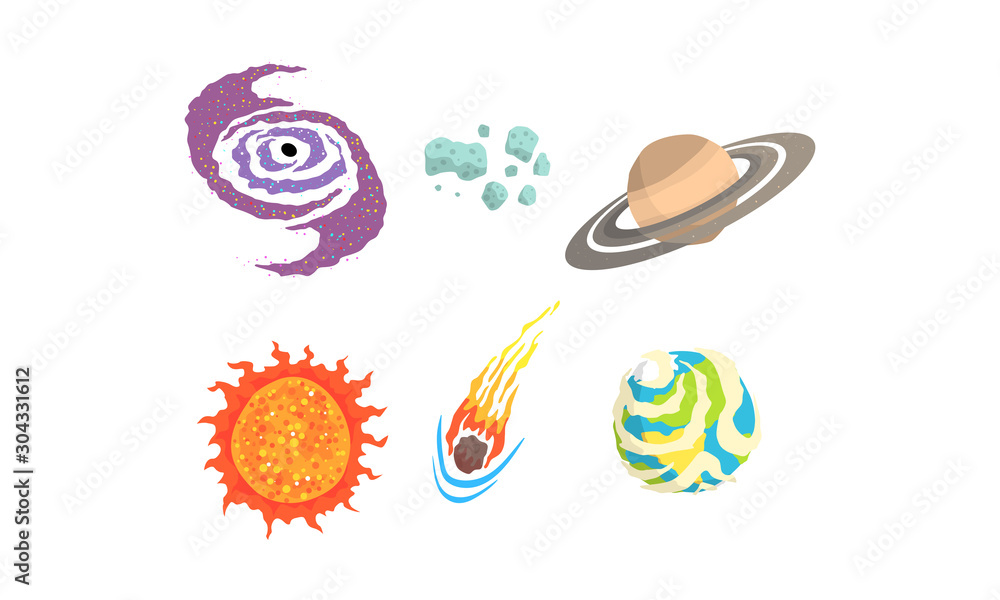 Poster space asteroids and meteorite vector set. space comets and planets collection