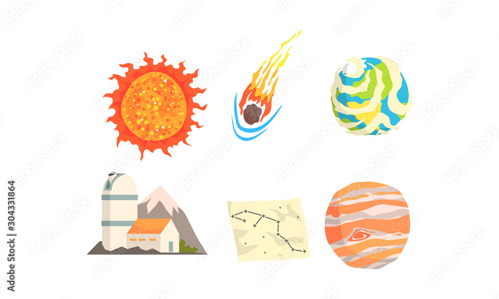 Poster space asteroids and meteorite vector set. space comets and planets collection