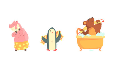 Cute Animals Bathing Vector Set. Hygiene and Care Concept