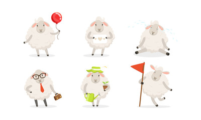 Cute Cartoon Sheep Vector Set. Farm Wooly Character Watering Plant
