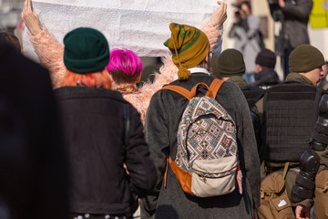 Young people at a peaceful demonstration in a modern city